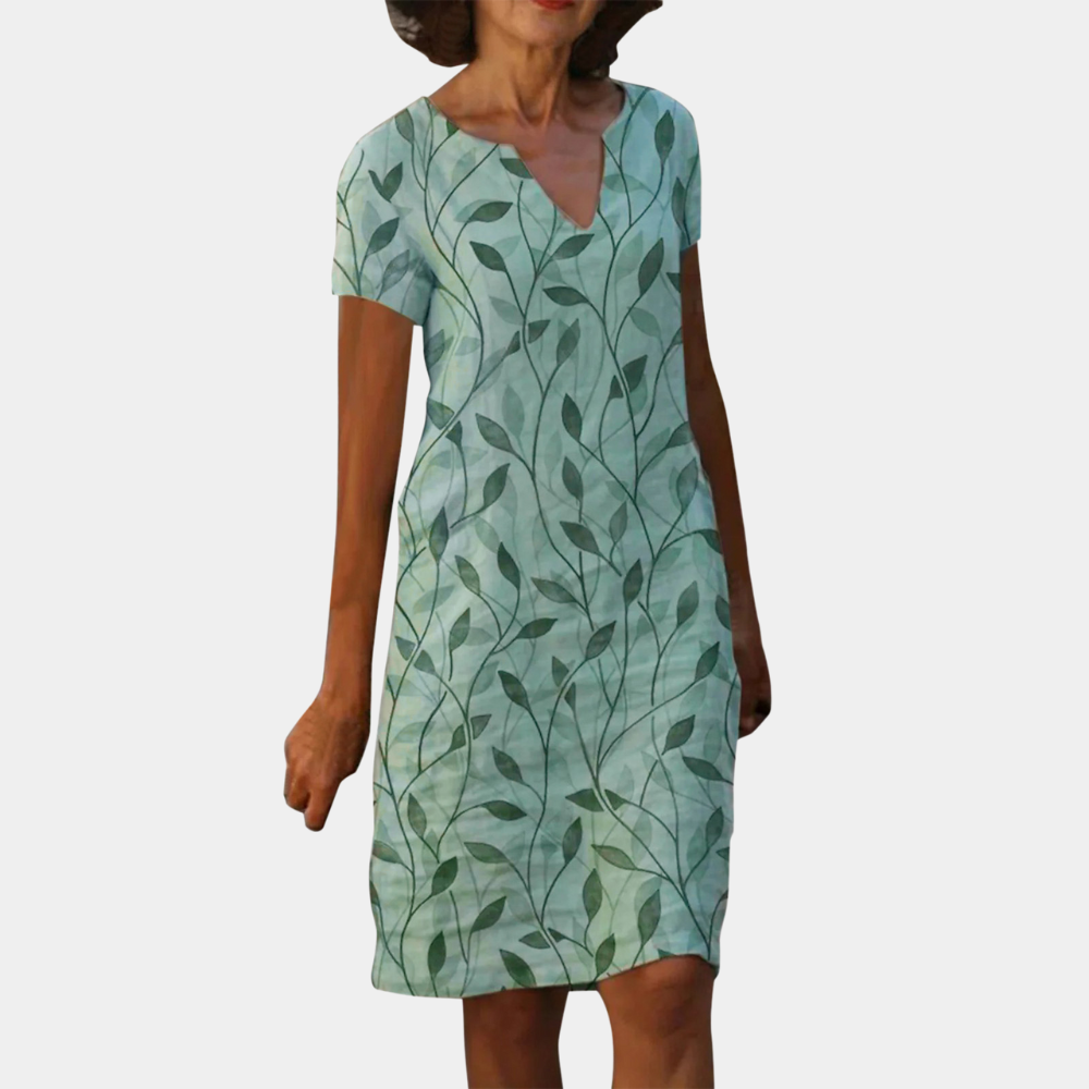 Botanical Print Summer Dress V-Neck Leaf Pattern Design - Product showcase