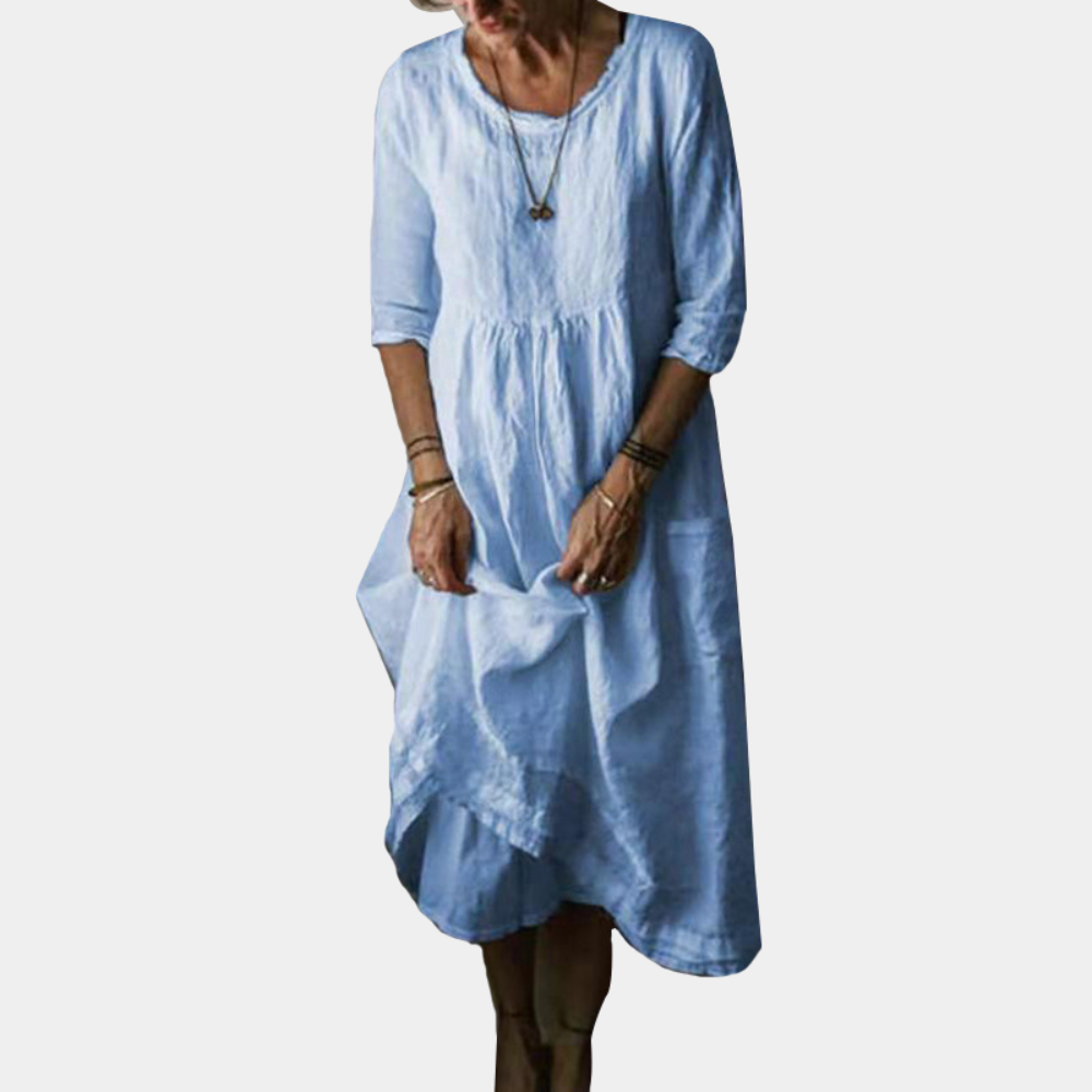 Cotton Linen Midi Dress  Gathered Waist Elbow Sleeves - Product detail 8