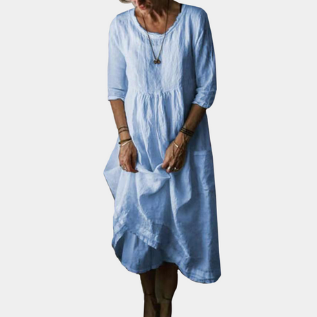 Cotton Linen Midi Dress  Gathered Waist Elbow Sleeves - Product detail 8