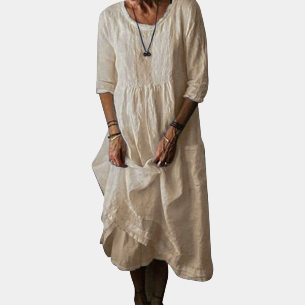 Cotton Linen Midi Dress  Gathered Waist Elbow Sleeves - Product detail 9