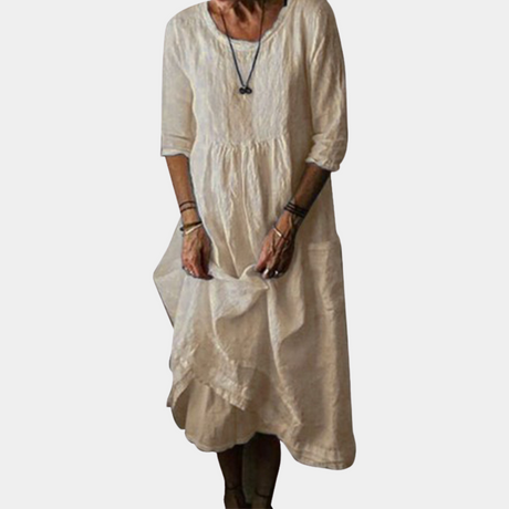 Cotton Linen Midi Dress  Gathered Waist Elbow Sleeves - Product detail 9