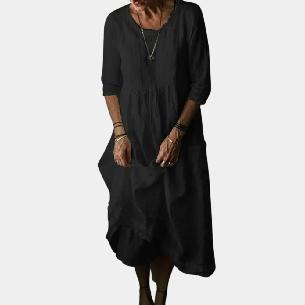 Cotton Linen Midi Dress  Gathered Waist Elbow Sleeves - Product detail 6