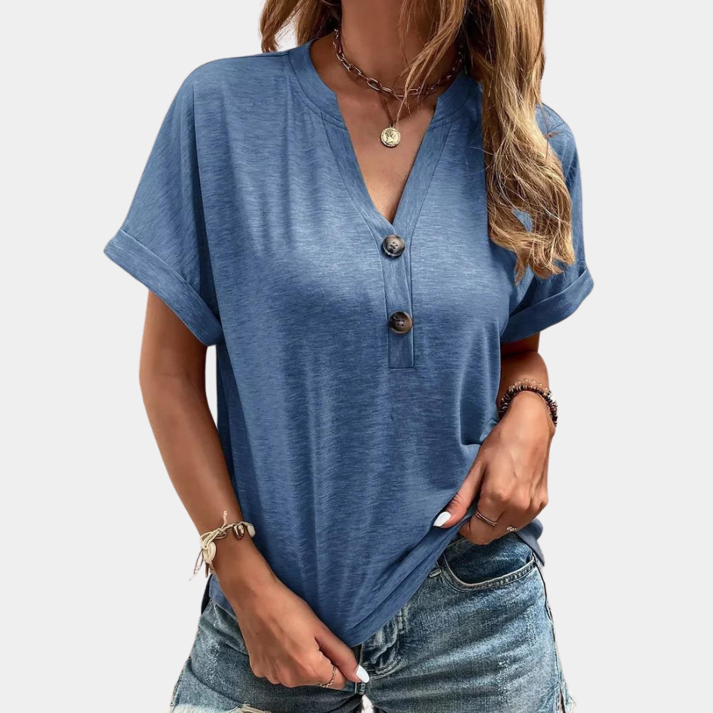 Cotton Blend V-Neck Top Relaxed Button Detail Summer Blouse - Product detail 5
