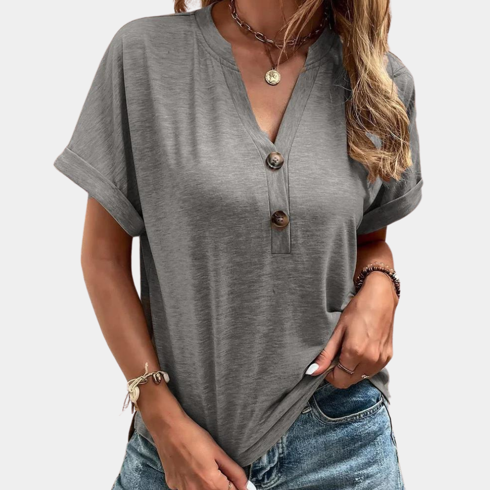 Cotton Blend V-Neck Top Relaxed Button Detail Summer Blouse - Product showcase