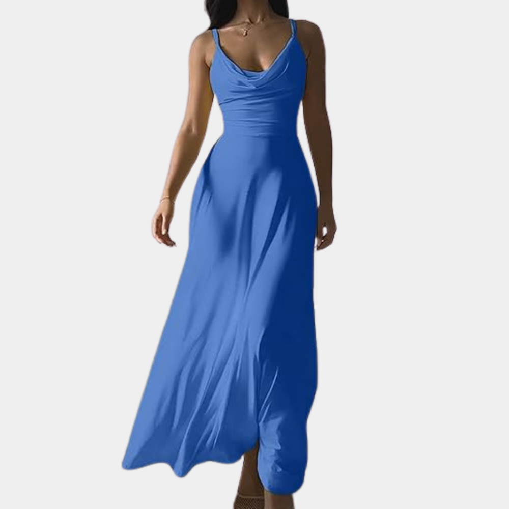 Elegant Maxi Dress Draped Neckline Floor Length Design - Product showcase