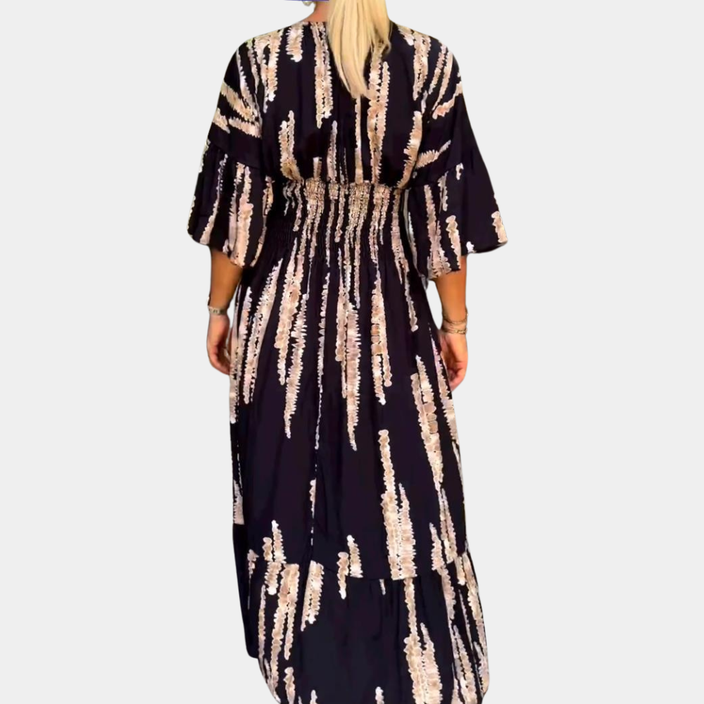 Elegant Midi Dress Black Cotton with Beige Pattern - Detailed view