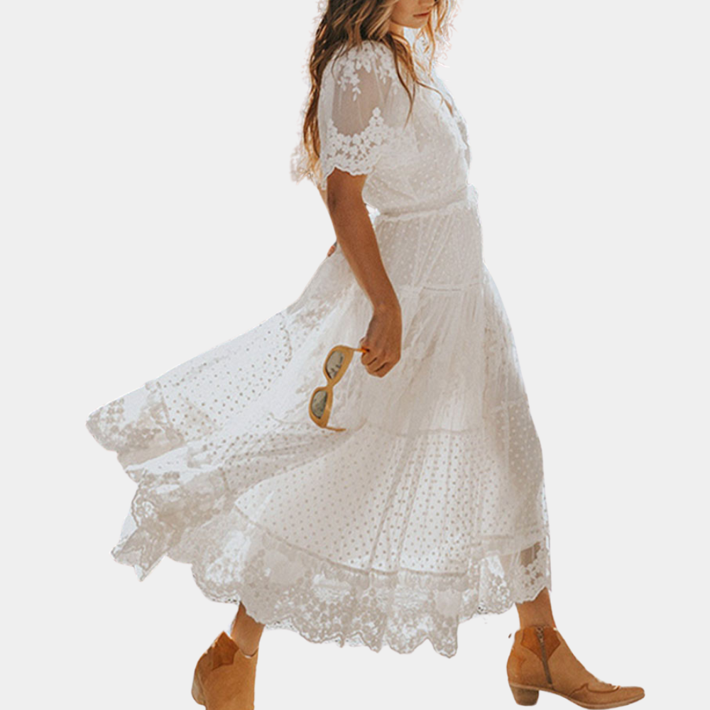 Elegant White Lace Maxi Dress V-Neck Flutter Sleeve Design - Detailed view
