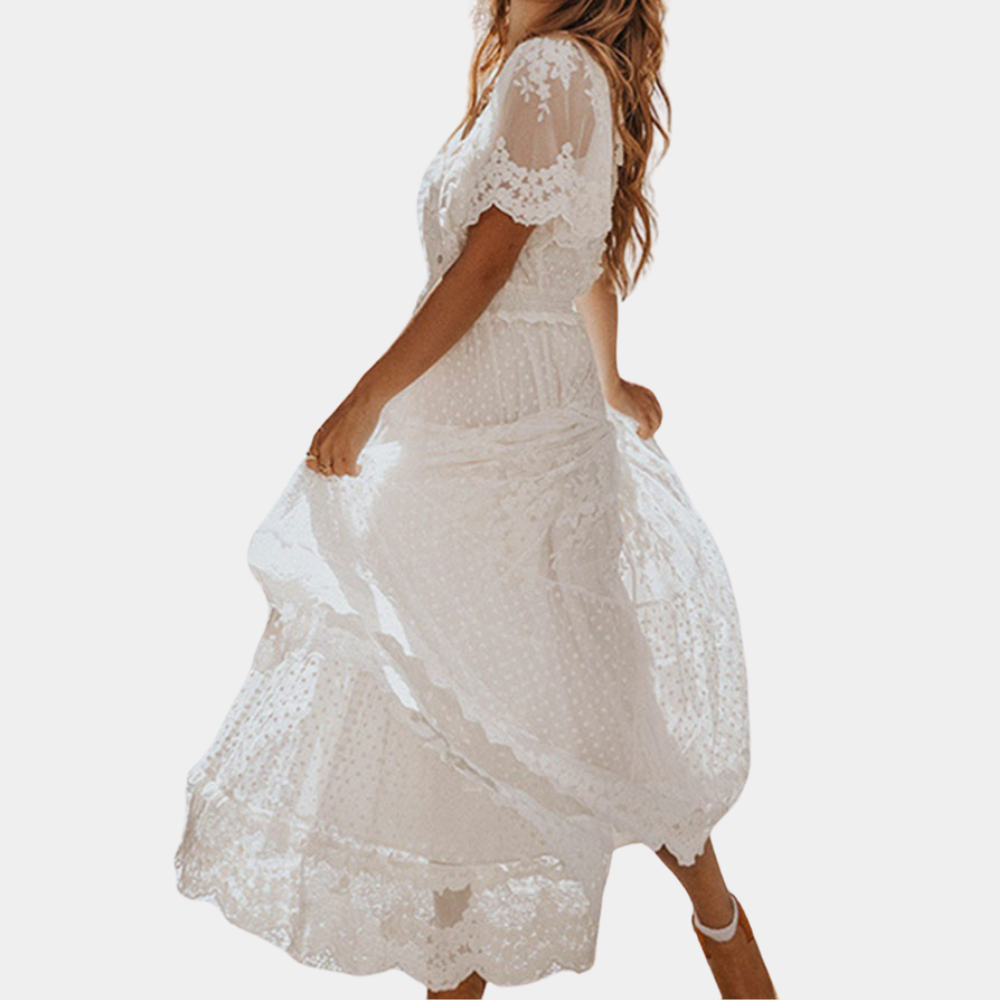 Elegant White Lace Maxi Dress V-Neck Flutter Sleeve Design - Product detail 4