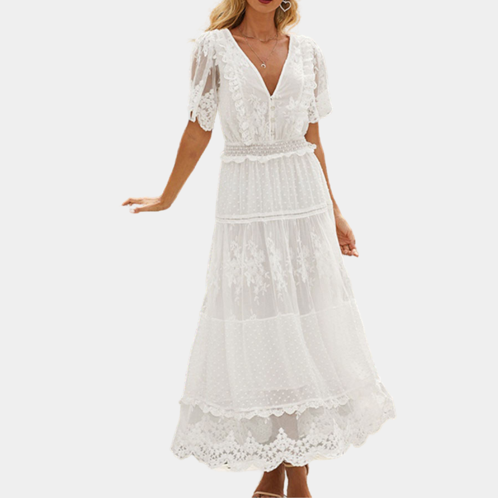 Elegant White Lace Maxi Dress V-Neck Flutter Sleeve Design - Product detail 6