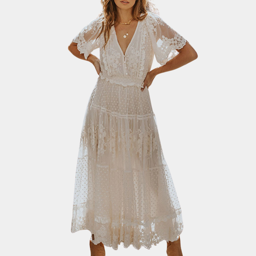 Elegant White Lace Maxi Dress V-Neck Flutter Sleeve Design - Product example