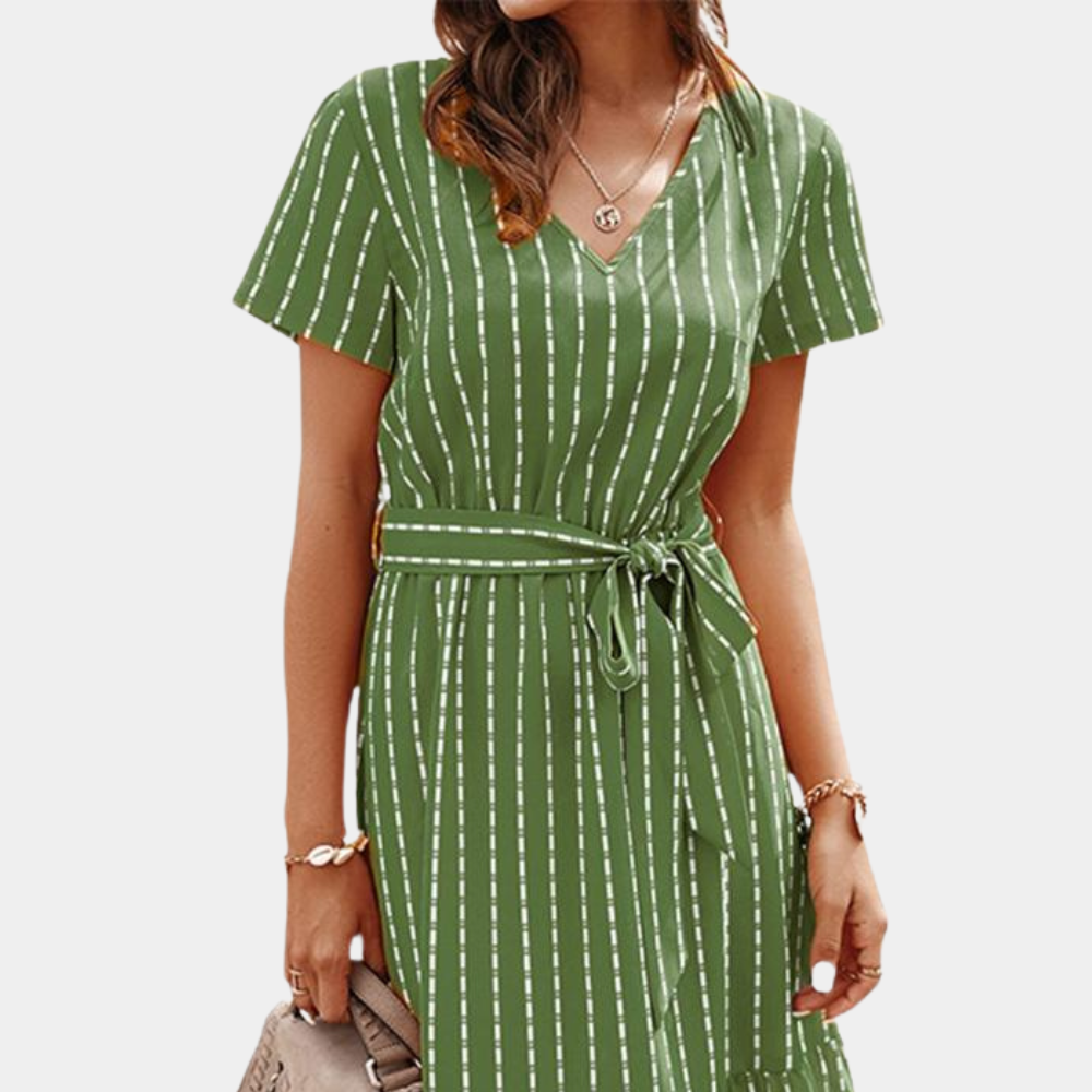 Striped Midi Dress V-Neck Silk Summer Wrap Design - Product example