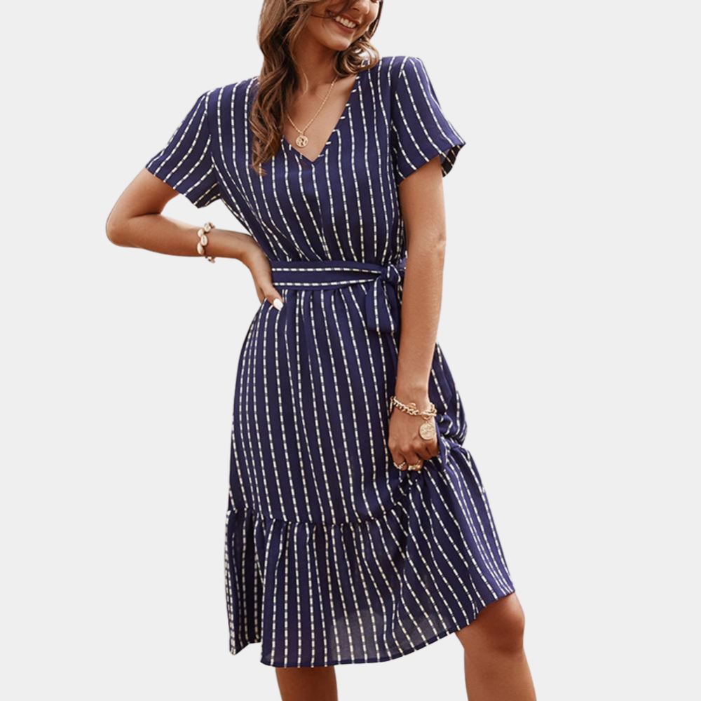 Striped Midi Dress V-Neck Silk Summer Wrap Design - Product showcase