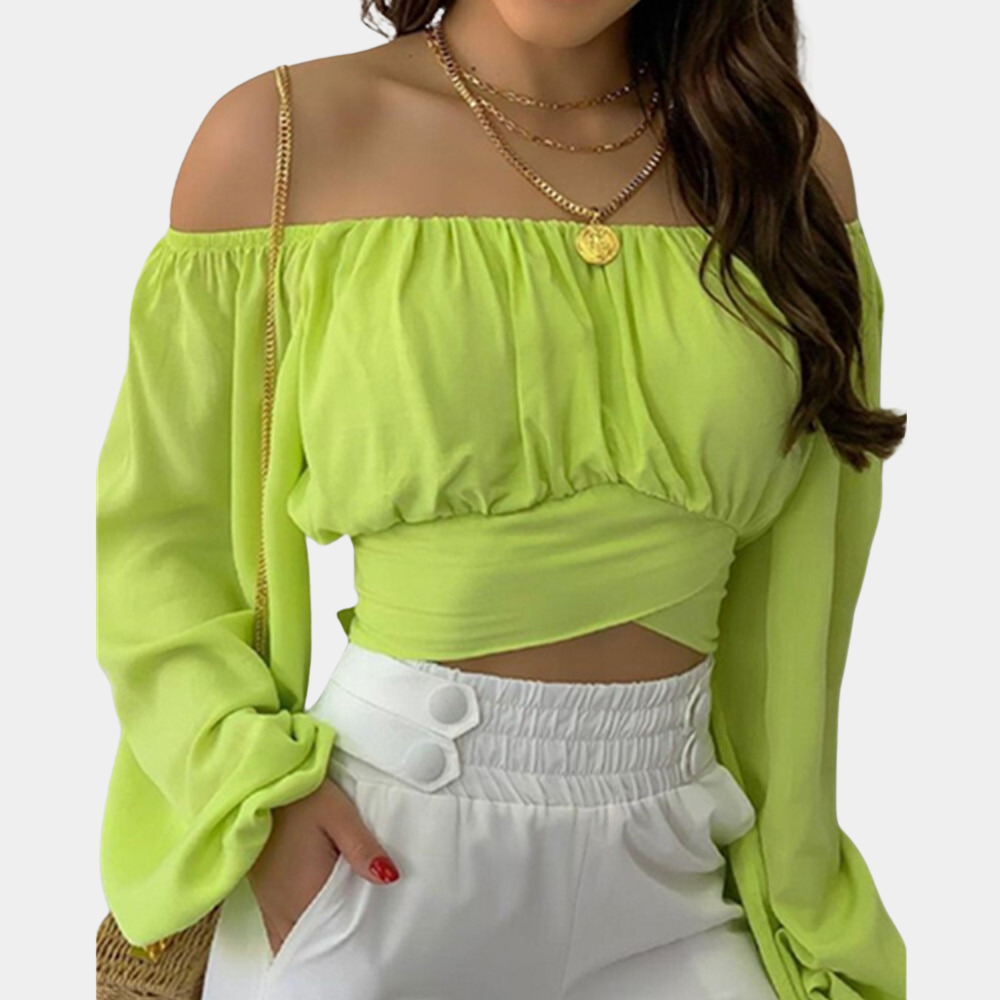 Off Shoulder Crop Blouse Gathered Cotton Long Sleeve Design - Detailed view