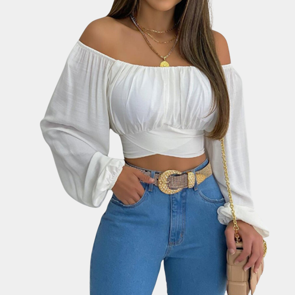 Off Shoulder Crop Blouse Gathered Cotton Long Sleeve Design - Product showcase