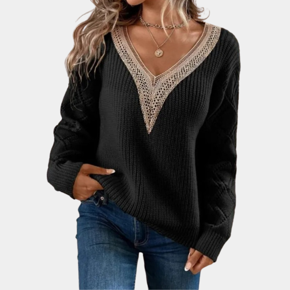 Knit V-Neck Sweater Ribbed Pattern with Lace Sleeves - Product detail 8
