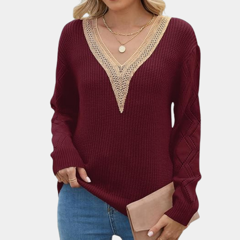 Knit V-Neck Sweater Ribbed Pattern with Lace Sleeves - Product detail 6
