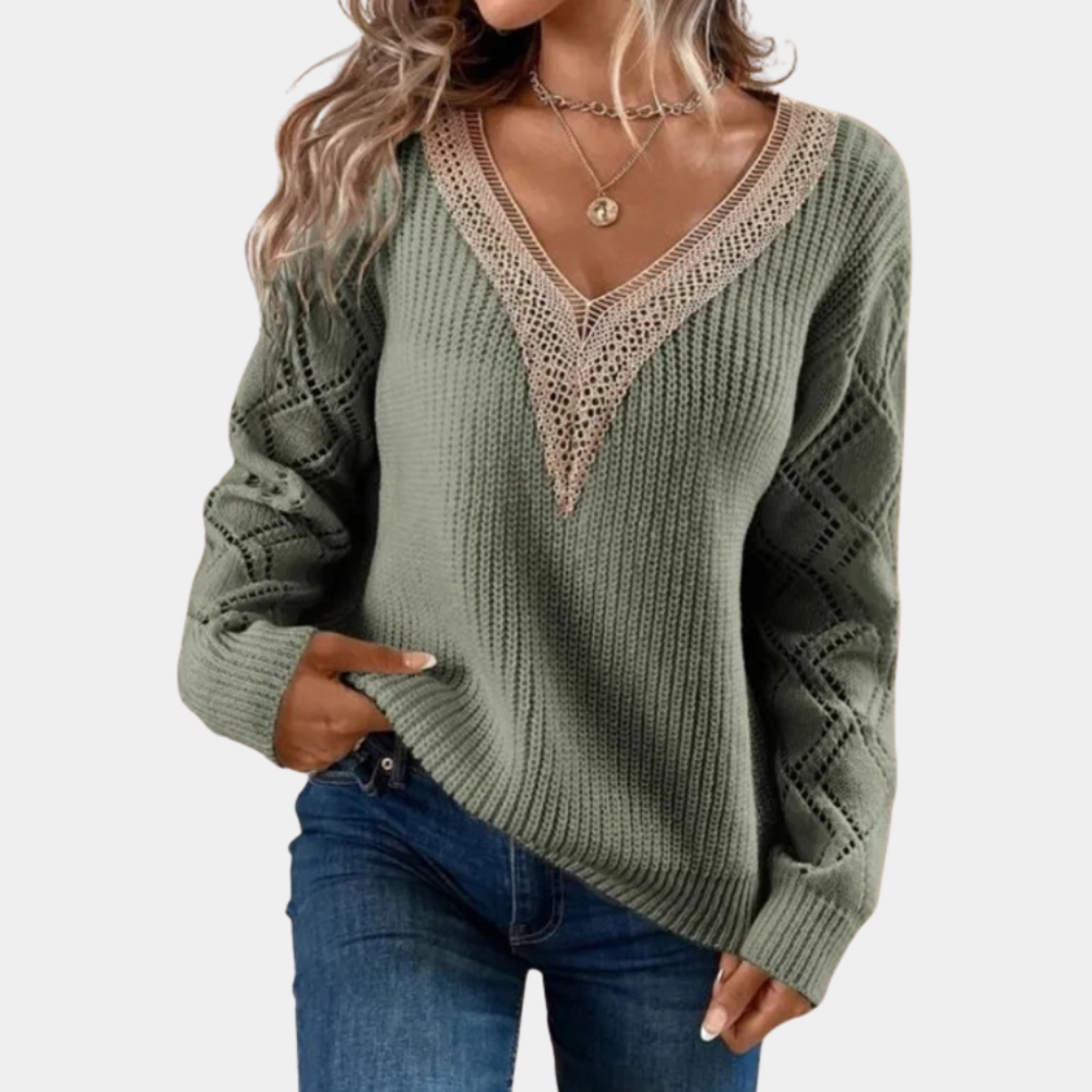 Knit V-Neck Sweater Ribbed Pattern with Lace Sleeves - Product detail 11