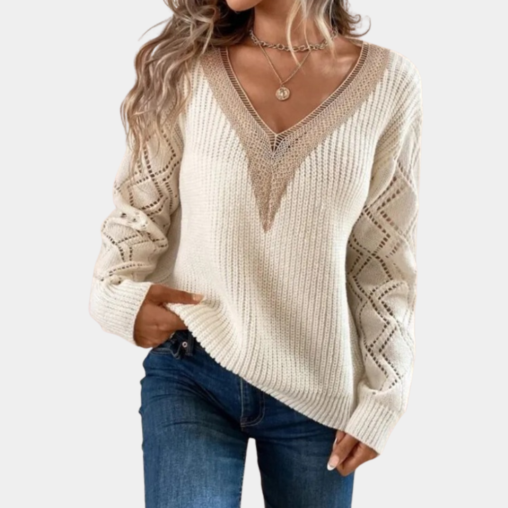 Knit V-Neck Sweater Ribbed Pattern with Lace Sleeves - Product showcase