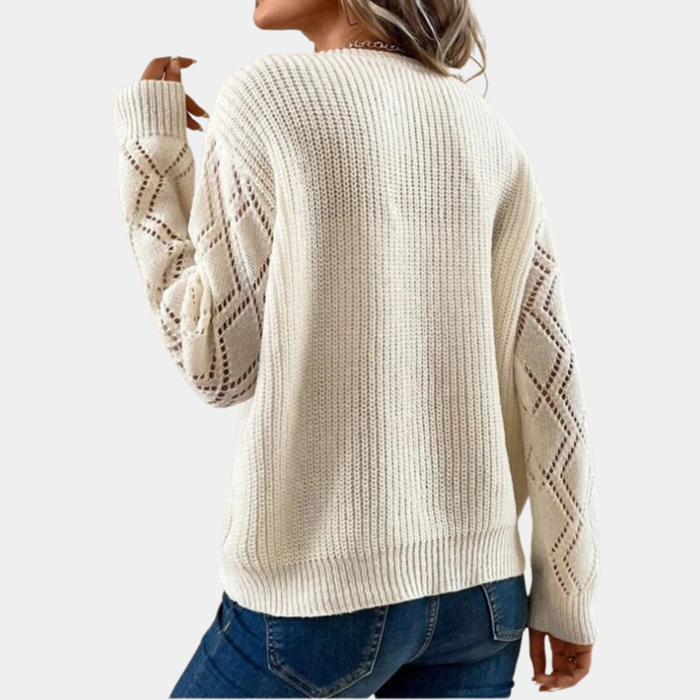Knit V-Neck Sweater Ribbed Pattern with Lace Sleeves - Product detail 4
