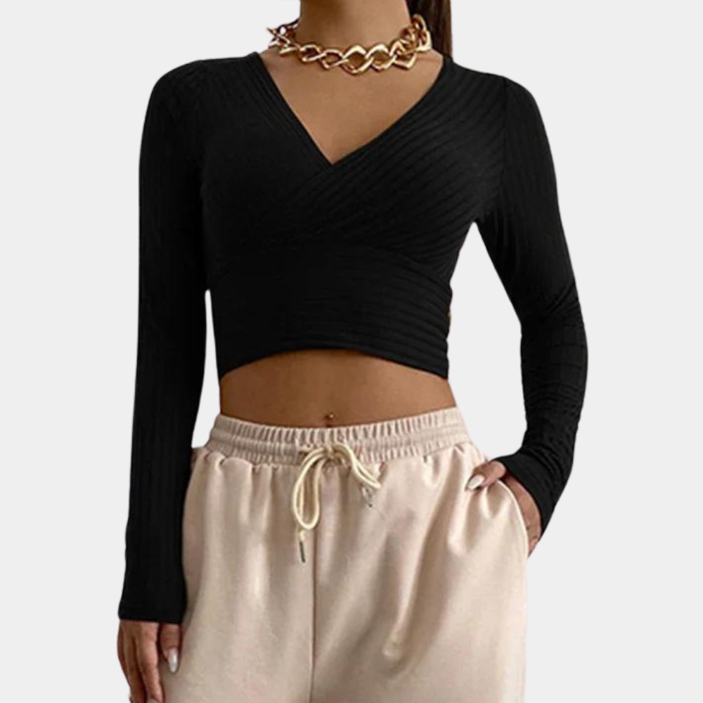 Cotton V-Neck Crop Top Long Sleeve Wrap Design - Product detail 4