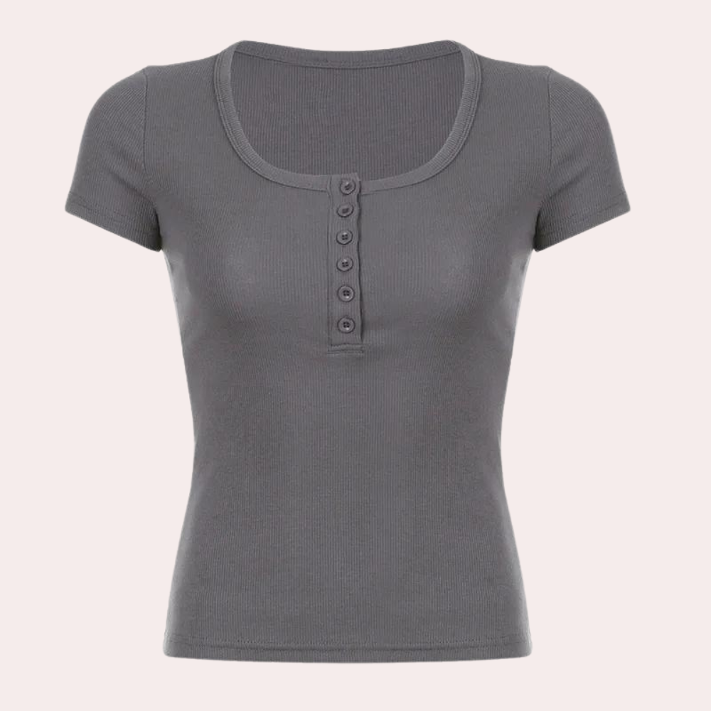 Womens Ribbed Henley Top Short Sleeve Button Front Design - Product example