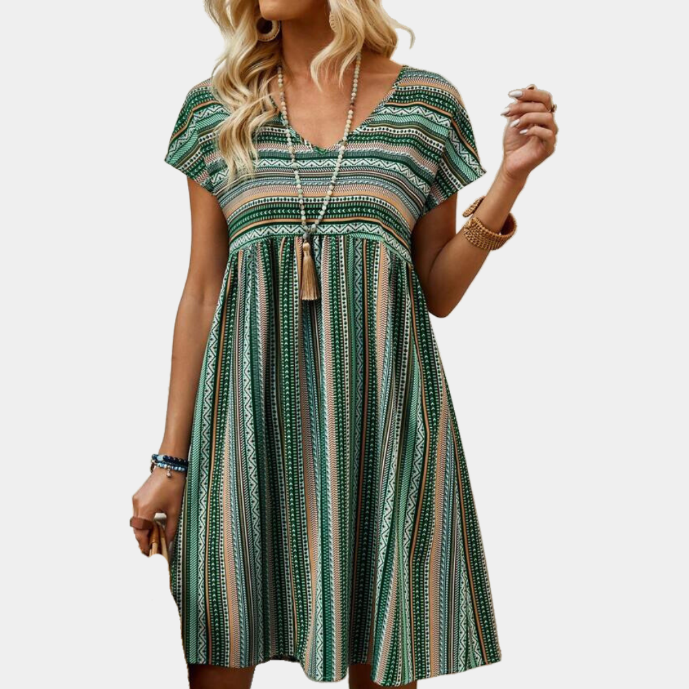 Bohemian Summer Dress Multi-Stripe Cotton V-Neck Design - Product detail 5