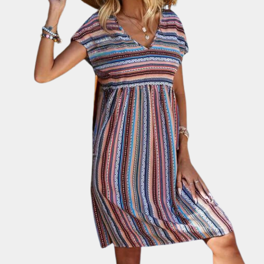 Bohemian Summer Dress Multi-Stripe Cotton V-Neck Design - Product showcase