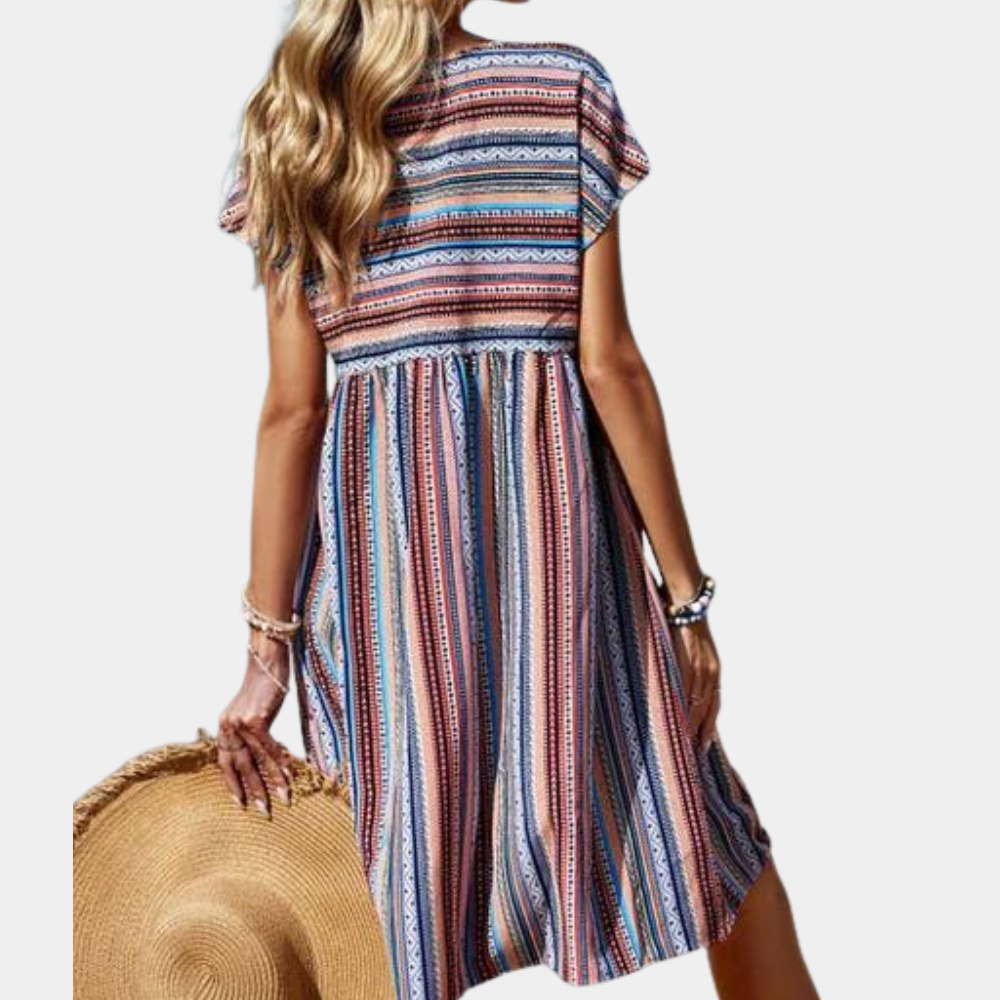 Bohemian Summer Dress Multi-Stripe Cotton V-Neck Design - Product detail 4