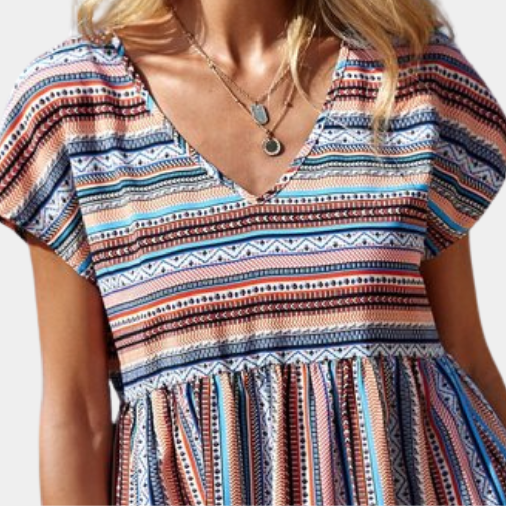 Bohemian Summer Dress Multi-Stripe Cotton V-Neck Design - Product example