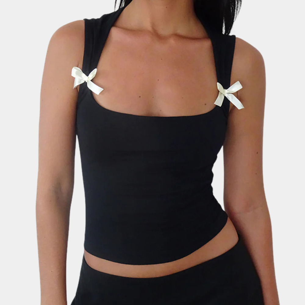 Bow Detail Crop Top Square Neck Black Cotton Blend - Product showcase