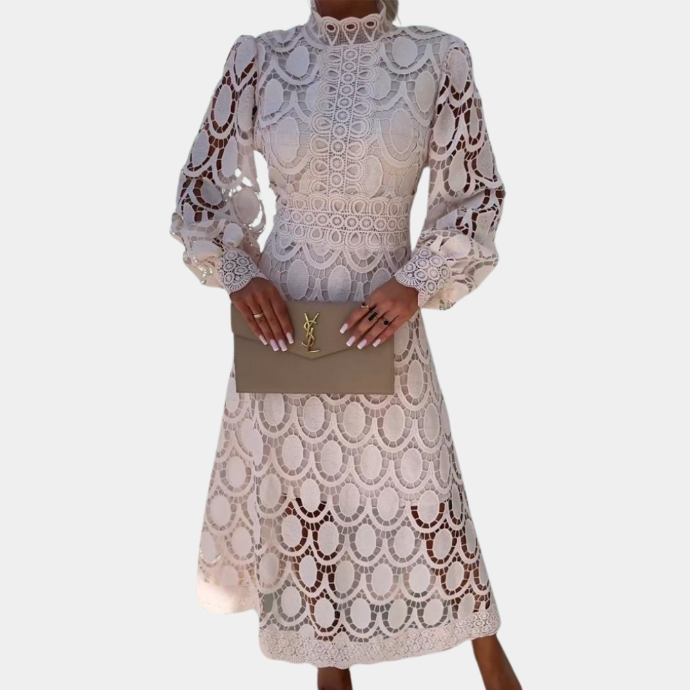 Vintage Lace Midi Dress Scalloped Pattern With Bishop Sleeves - Product detail 8