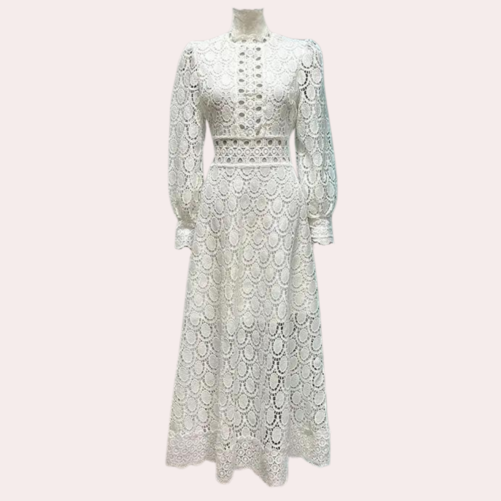 Vintage Lace Midi Dress Scalloped Pattern With Bishop Sleeves - Product example