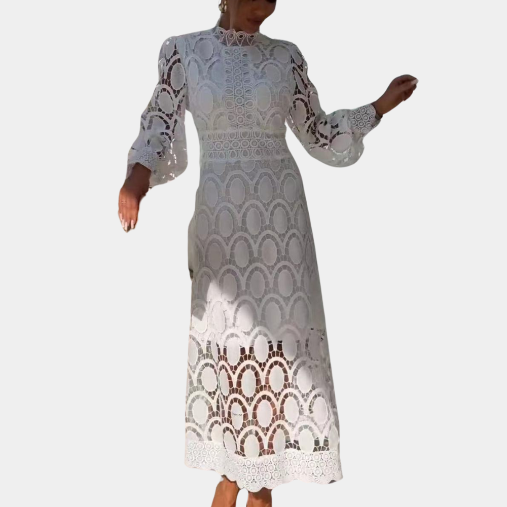 Vintage Lace Midi Dress Scalloped Pattern With Bishop Sleeves - Product showcase