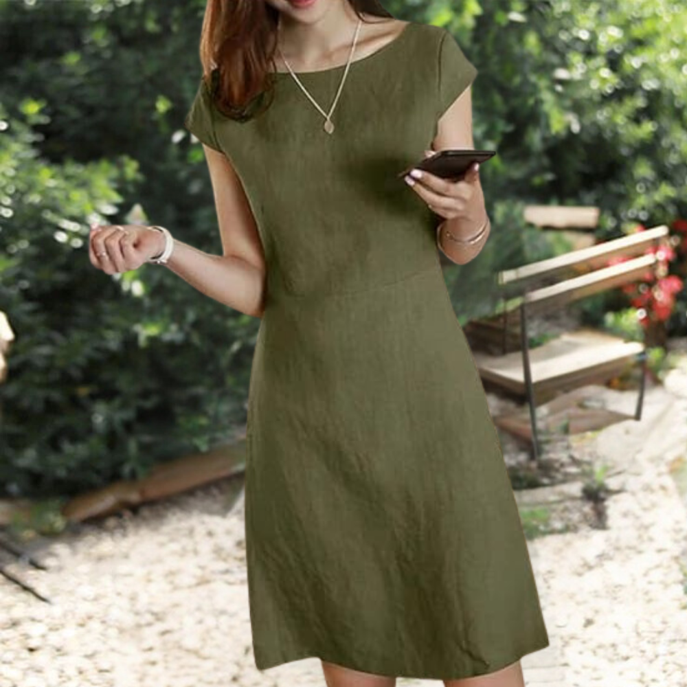 Cotton Linen A-Line Dress Classic Round Neck Summer Style - Detailed view