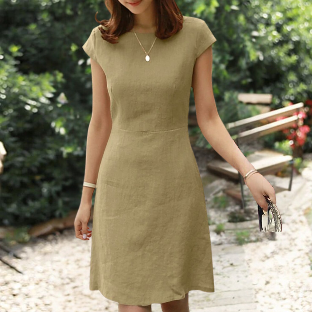 Cotton Linen A-Line Dress Classic Round Neck Summer Style - Product detail 10