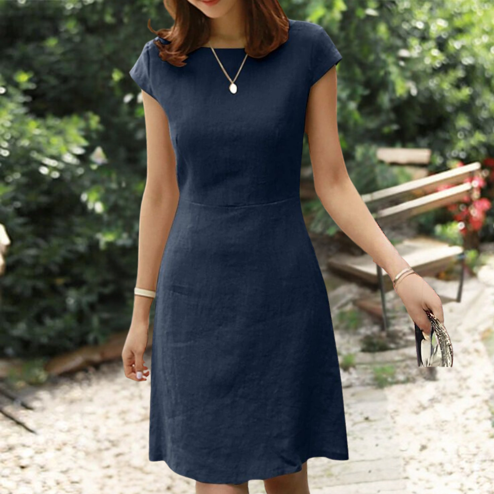 Cotton Linen A-Line Dress Classic Round Neck Summer Style - Product detail 9