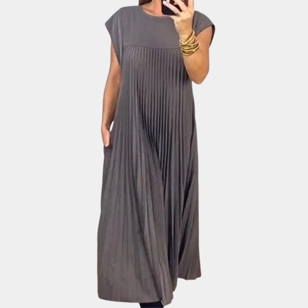 Summer Pleated Maxi Dress Flowing Yellow Polyester Design - Product detail 9