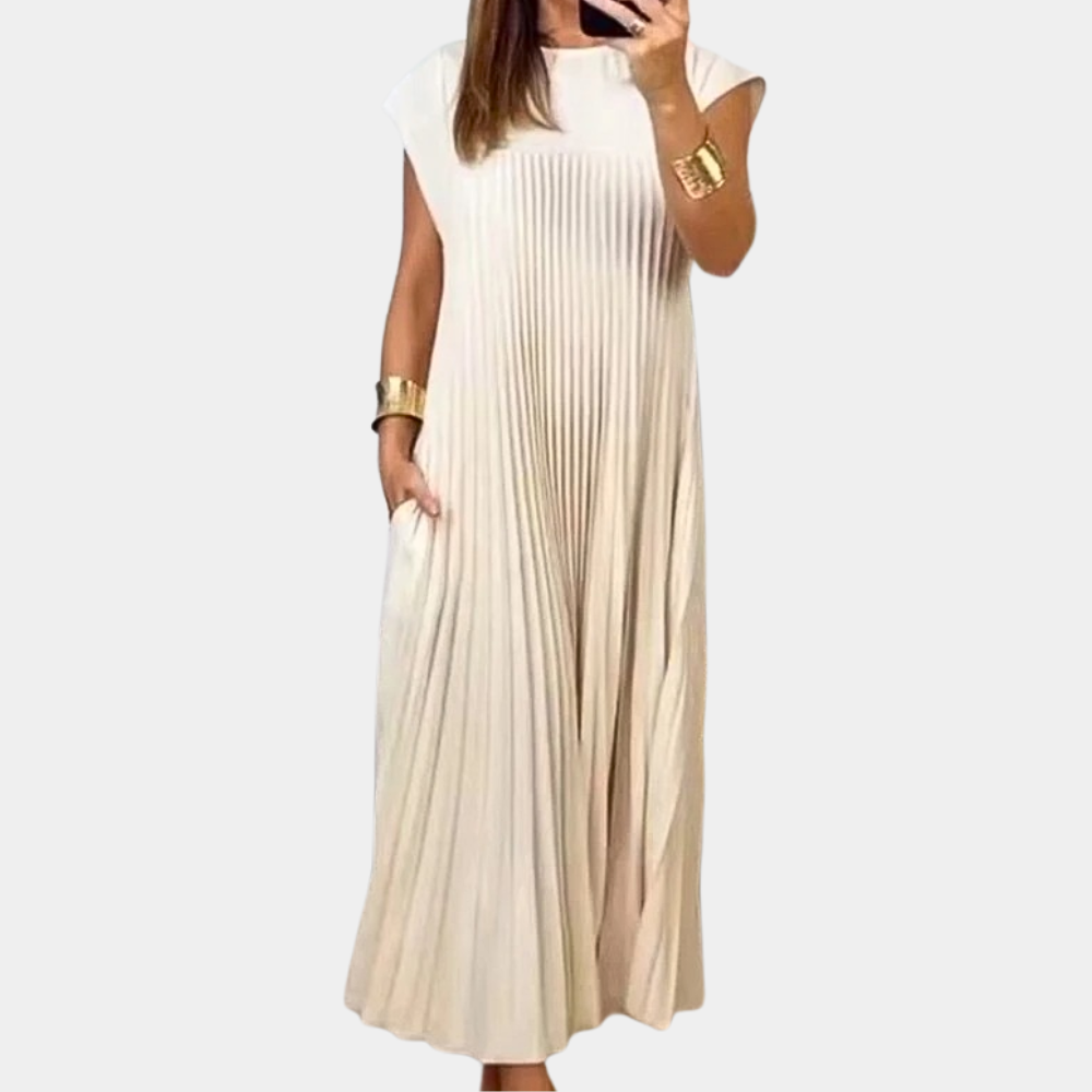 Summer Pleated Maxi Dress Flowing Yellow Polyester Design - Product example