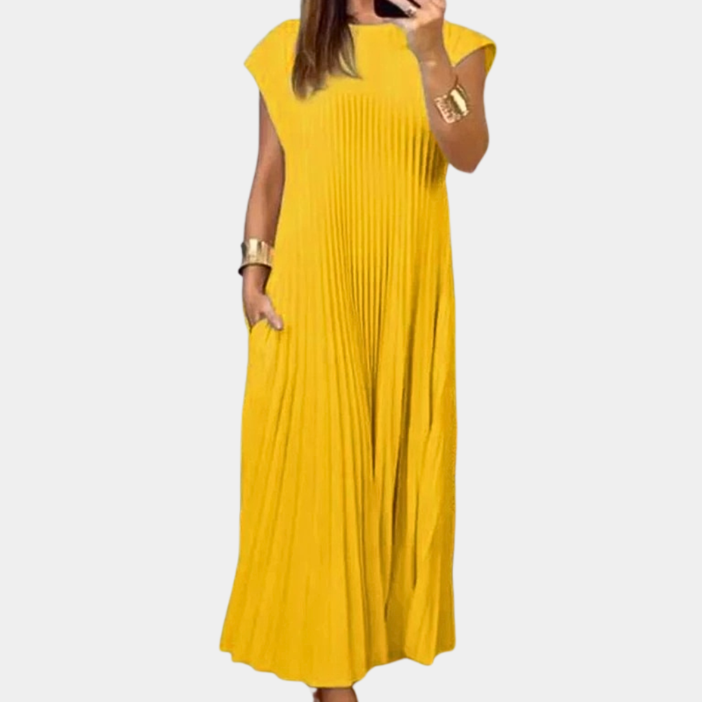 Summer Pleated Maxi Dress Flowing Yellow Polyester Design - Product showcase