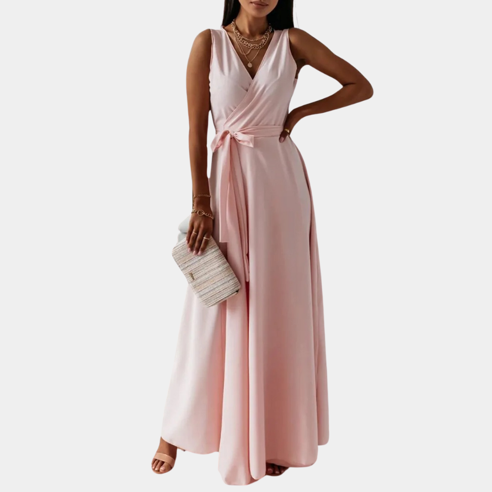 Elegant V-Neck Maxi Dress Blush Pink Wrap Design - Detailed view