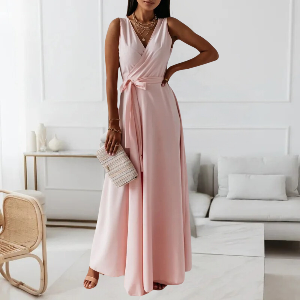Elegant V-Neck Maxi Dress Blush Pink Wrap Design - Product detail 7