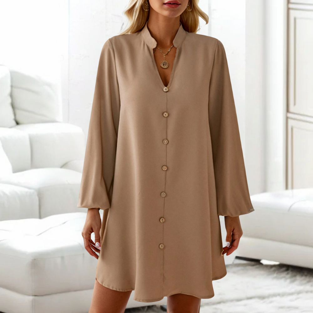 Elegant Button-Down Dress Flowy Camel Cotton V-Neck - Product showcase