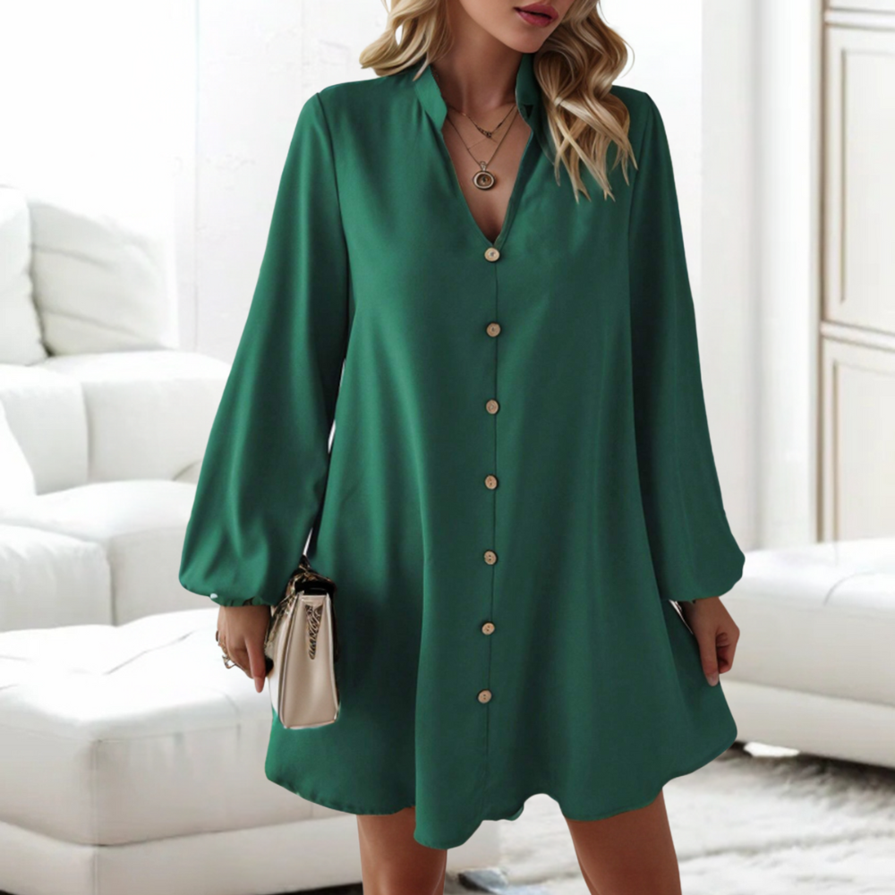 Elegant Button-Down Dress Flowy Camel Cotton V-Neck - Product detail 5