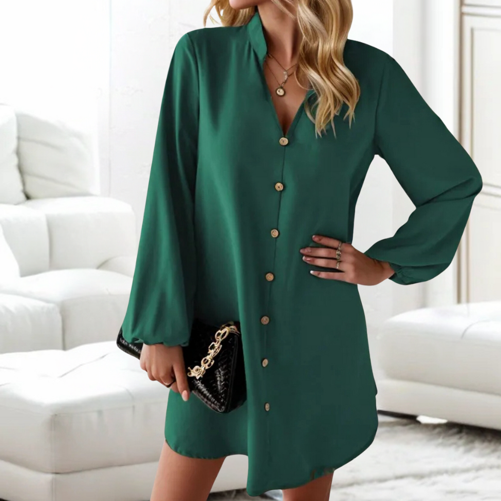 Elegant Button-Down Dress Flowy Camel Cotton V-Neck - Product detail 8
