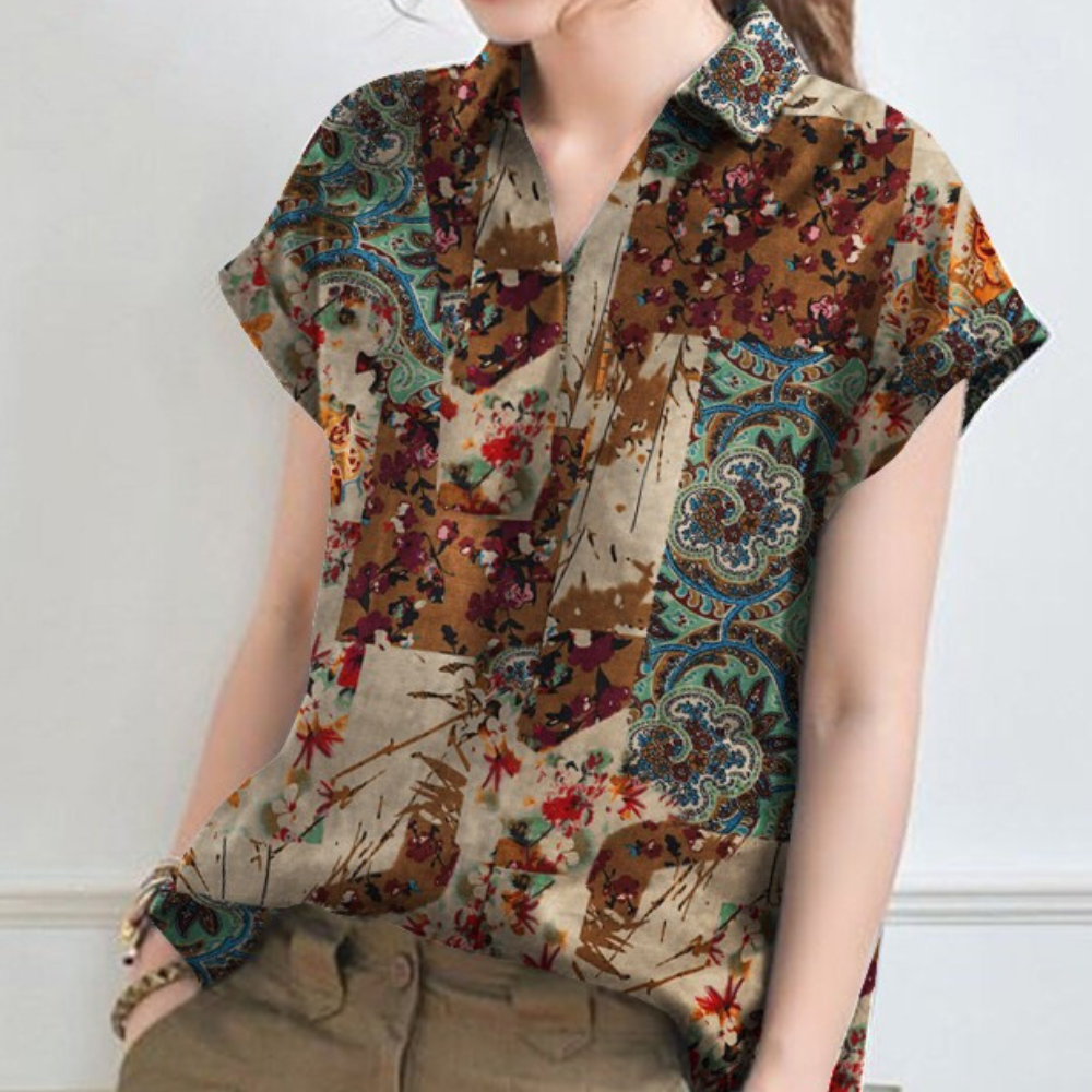 Bohemian Floral Blouse Blue Paisley Cotton Pattern - Product detail 4