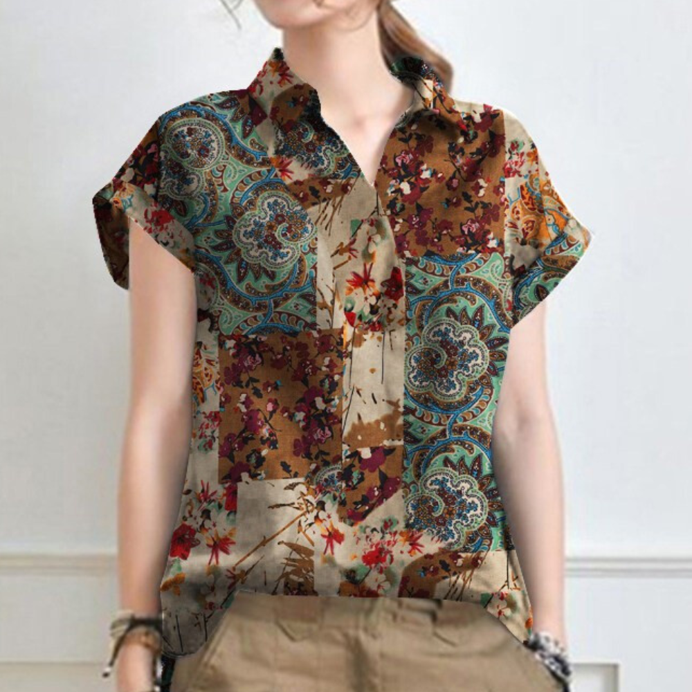 Bohemian Floral Blouse Blue Paisley Cotton Pattern - Product detail 8
