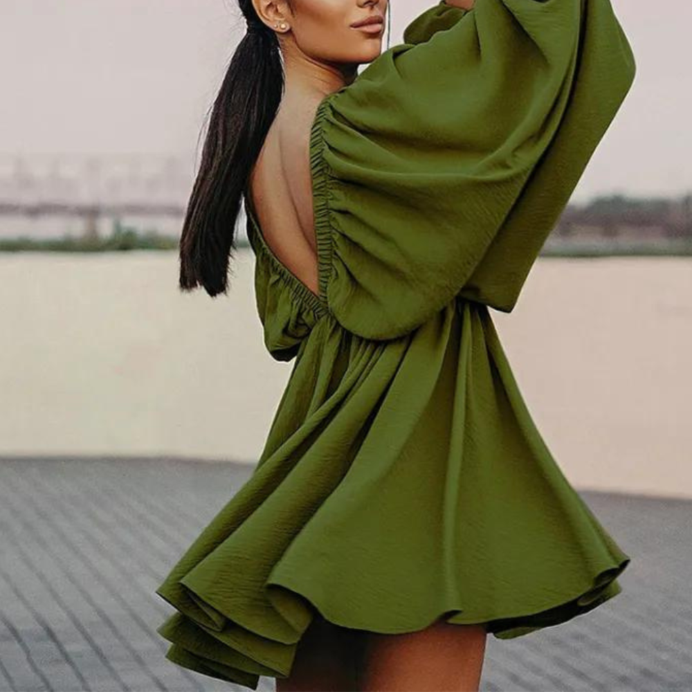 Womens Plus Size Dress Puff Sleeve V-Neck Design - Product example