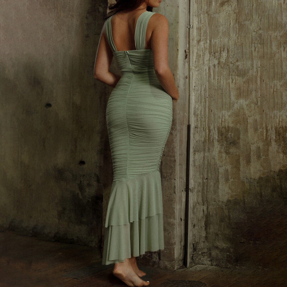 Fishtail Maxi Dress Ruched Square Neck Design - Detailed view