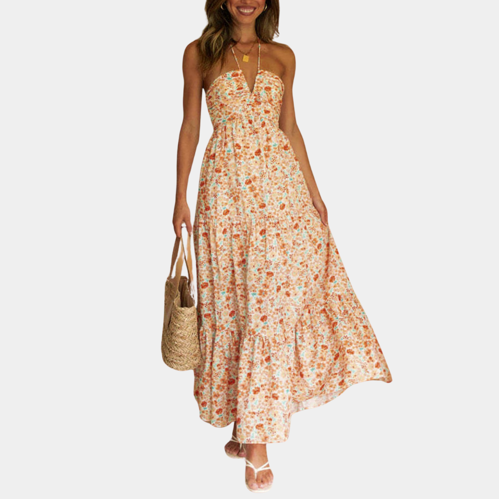 Floral Halter Maxi Dress Lightweight Summer Cotton Blend - Product showcase
