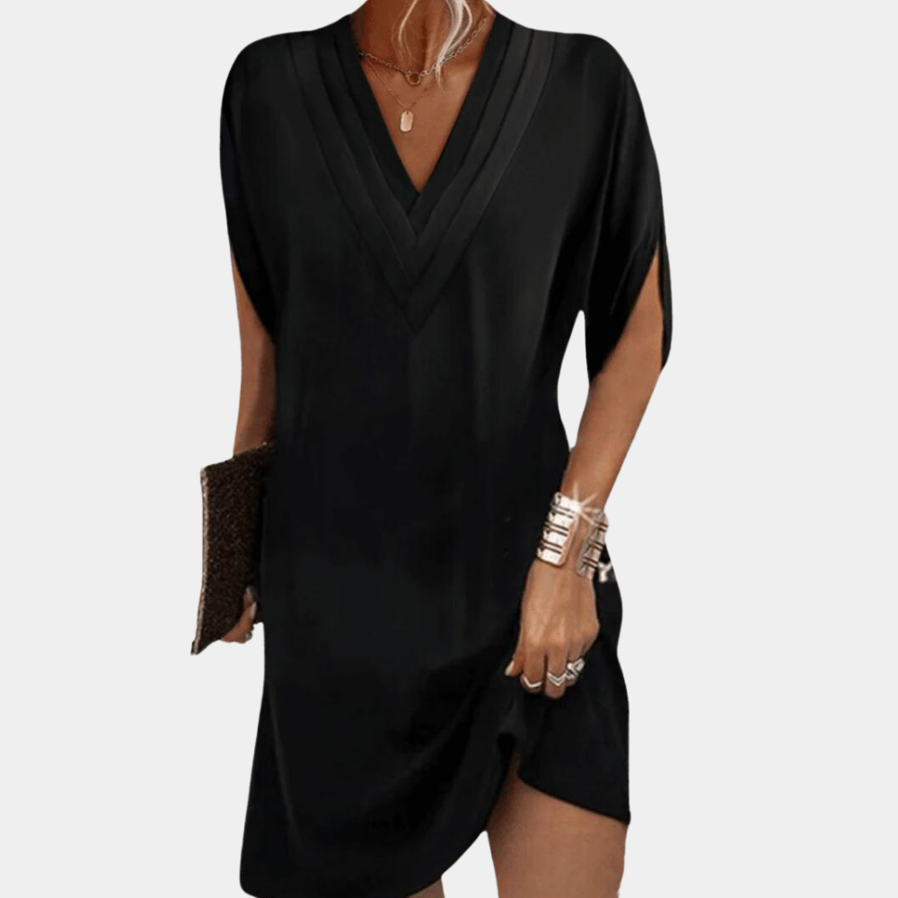 V-Neck Split Sleeve Dress Elegant Black Knee-Length Design - Detailed view